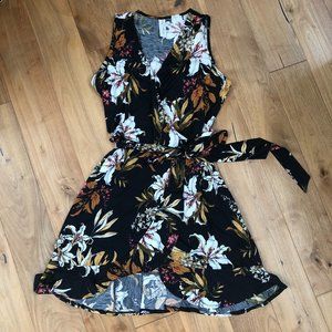 Allison Joy Black Tropical Floral Wrap Dress